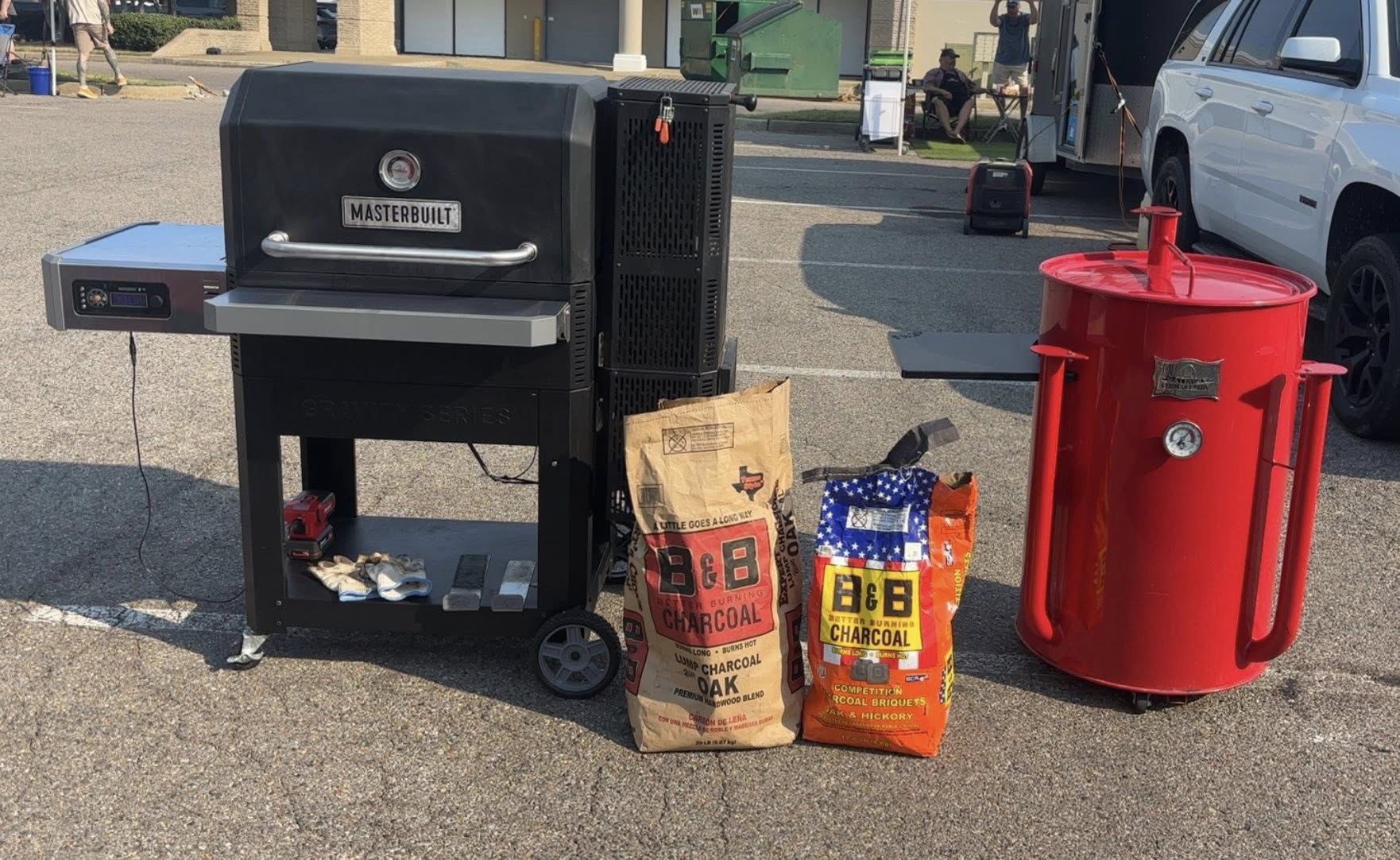 Competition setup — Masterbuilt Gravity Series and Gateway Drum Smoker with B&B Charcoal